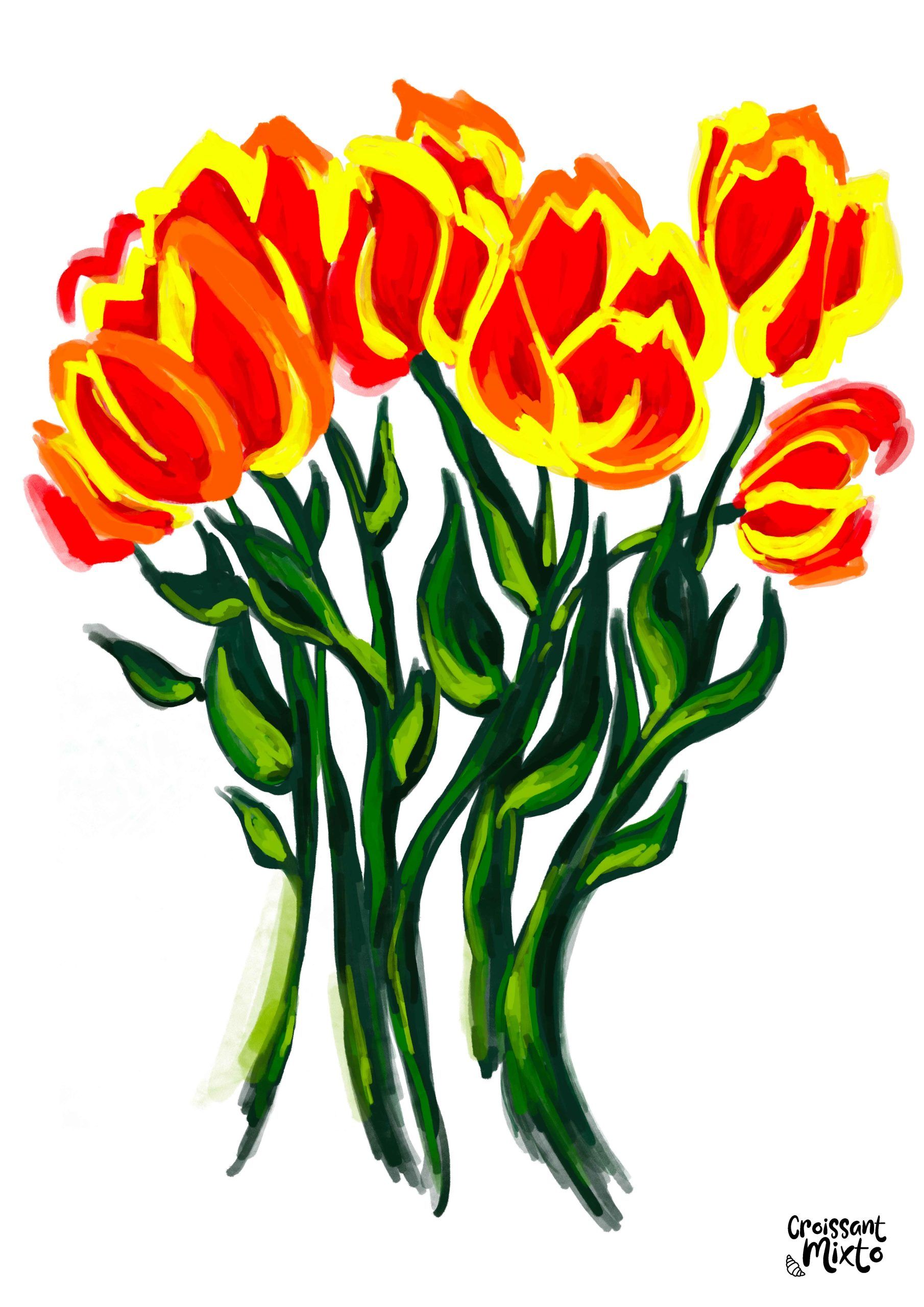 ilustracion-digital-flores-tulipanes-rojos-croissant-mixto